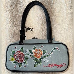 Ed Hardy Denim Rhinestone Rose Shoulder Bag